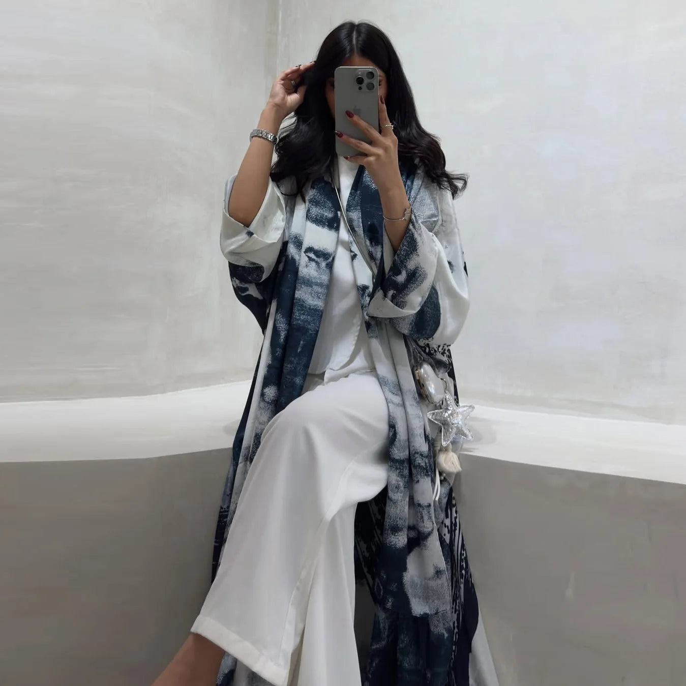 Traditional Muslim Clothing Printed Chiffon Open Abaya
