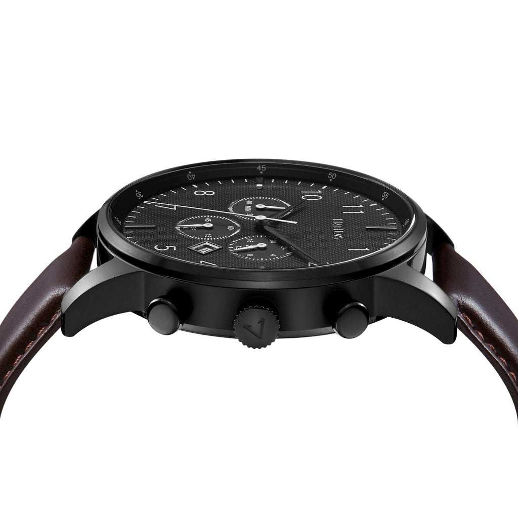 TRNDA Men's Stainless Steel Black Watch, Brown Leather Band | TRN-43MM-BL-2