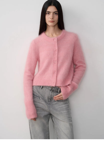 High-Proportion Mohair Knit Cardigan Women's Loose Short Round Neck Sweater