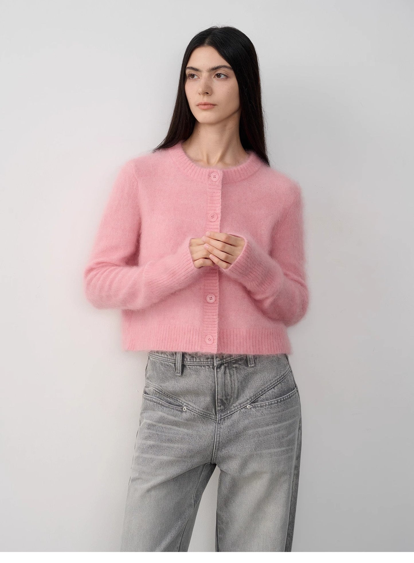 High-Proportion Mohair Knit Cardigan Women's Loose Short Round Neck Sweater