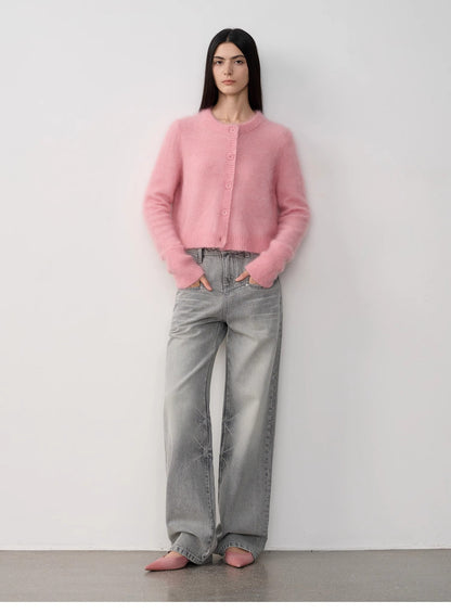 High-Proportion Mohair Knit Cardigan Women's Loose Short Round Neck Sweater