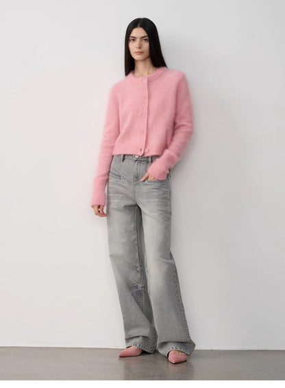 High-Proportion Mohair Knit Cardigan Women's Loose Short Round Neck Sweater