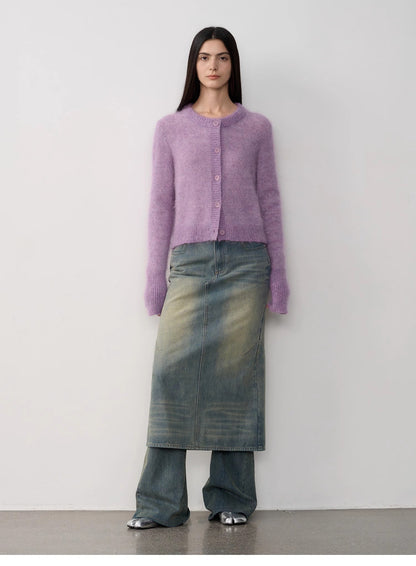 High-Proportion Mohair Knit Cardigan Women's Loose Short Round Neck Sweater