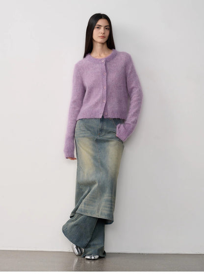High-Proportion Mohair Knit Cardigan Women's Loose Short Round Neck Sweater