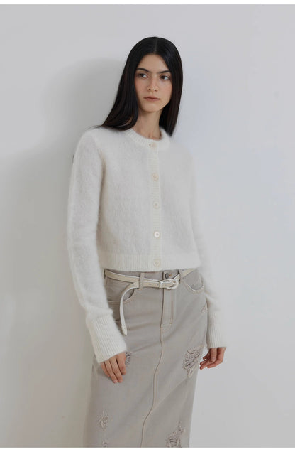 High-Proportion Mohair Knit Cardigan Women's Loose Short Round Neck Sweater