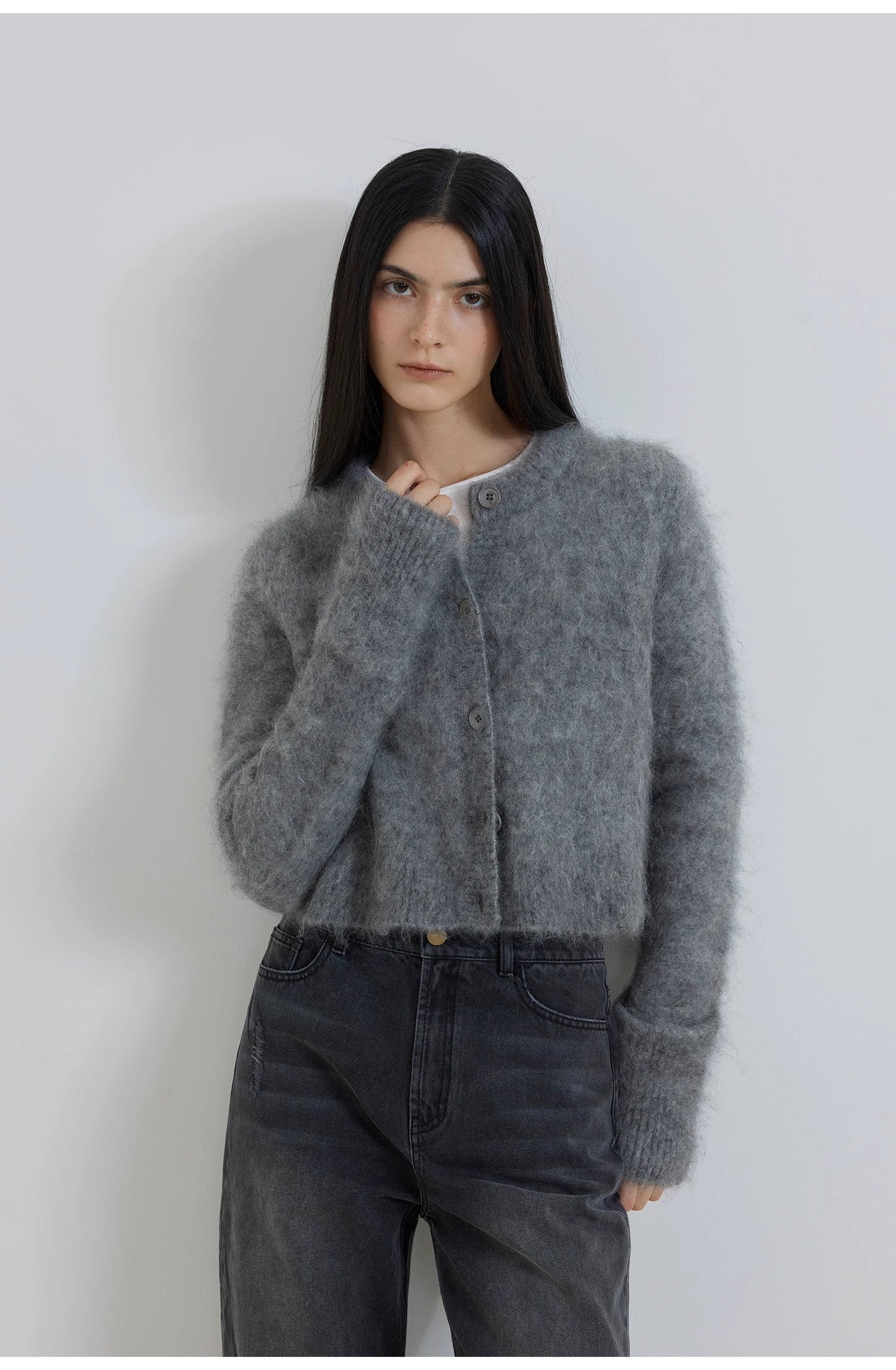 High-Proportion Mohair Knit Cardigan Women's Loose Short Round Neck Sweater