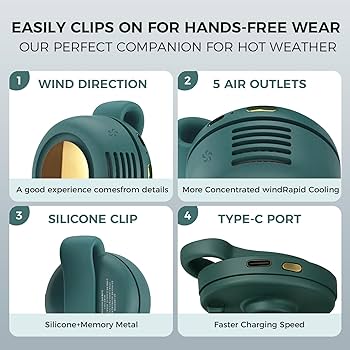 Portable Mini Bladeless Fan – Clip-On, USB-C Rechargeable, 900mAh Battery