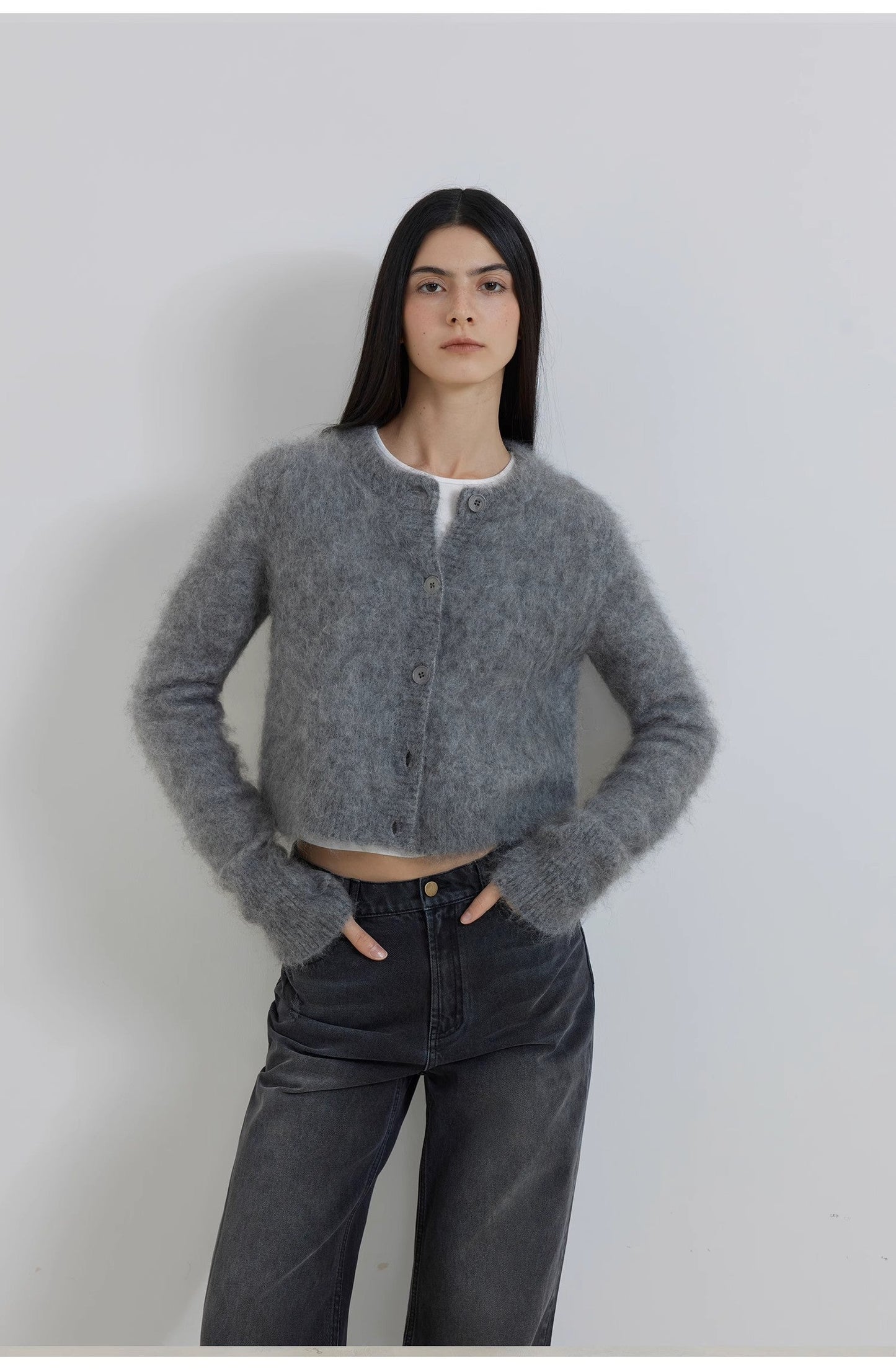 High-Proportion Mohair Knit Cardigan Women's Loose Short Round Neck Sweater
