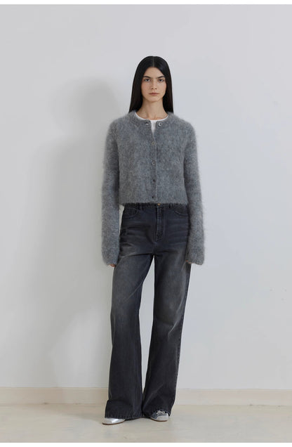 High-Proportion Mohair Knit Cardigan Women's Loose Short Round Neck Sweater