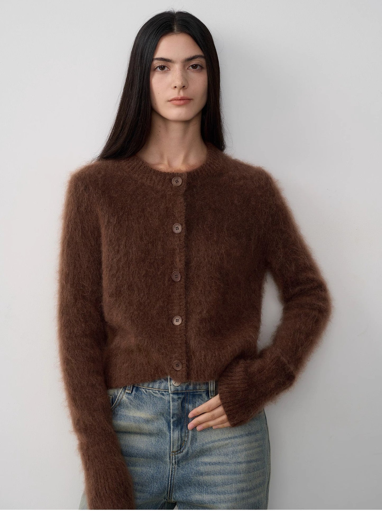 High-Proportion Mohair Knit Cardigan Women's Loose Short Round Neck Sweater