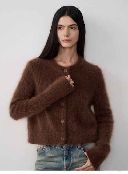 High-Proportion Mohair Knit Cardigan Women's Loose Short Round Neck Sweater