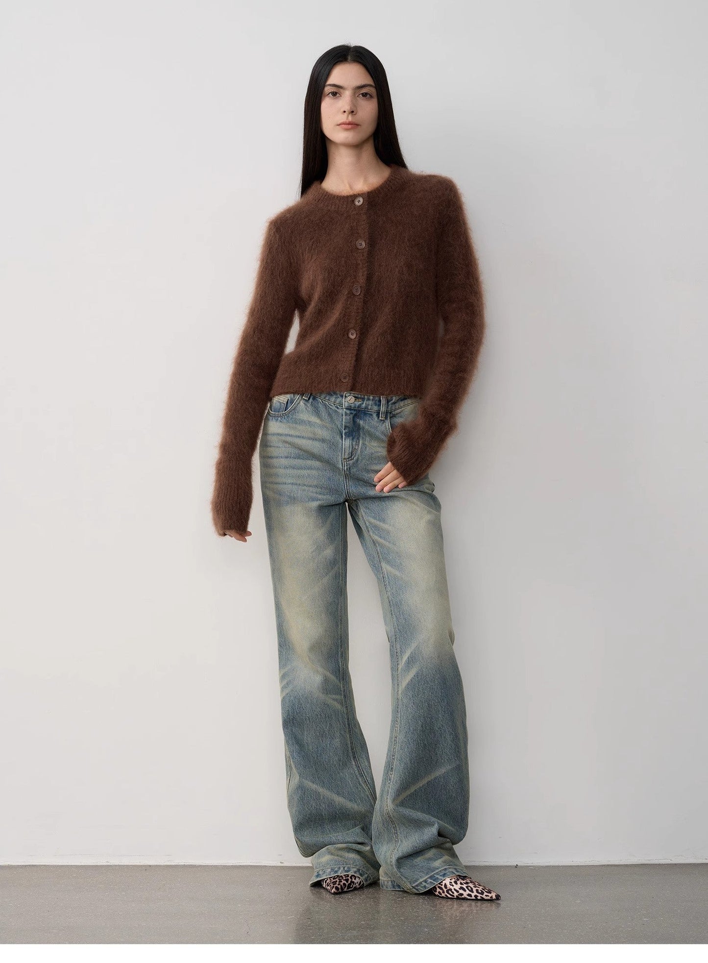 High-Proportion Mohair Knit Cardigan Women's Loose Short Round Neck Sweater