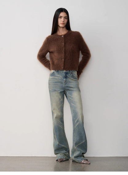 High-Proportion Mohair Knit Cardigan Women's Loose Short Round Neck Sweater