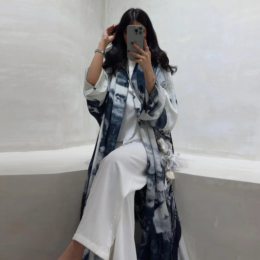 Traditional Muslim Clothing Printed Chiffon Open Abaya