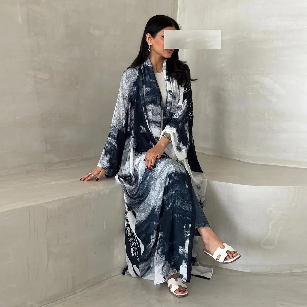 Traditional Muslim Clothing Printed Chiffon Open Abaya