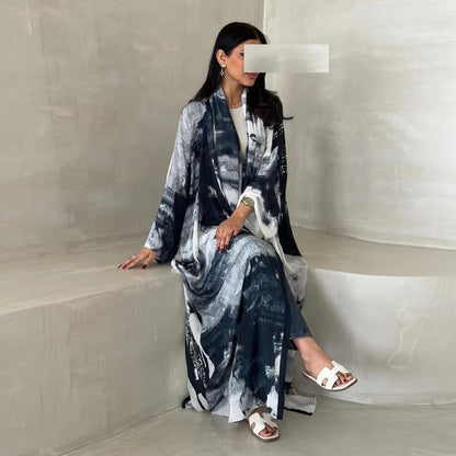 Traditional Muslim Clothing Printed Chiffon Open Abaya