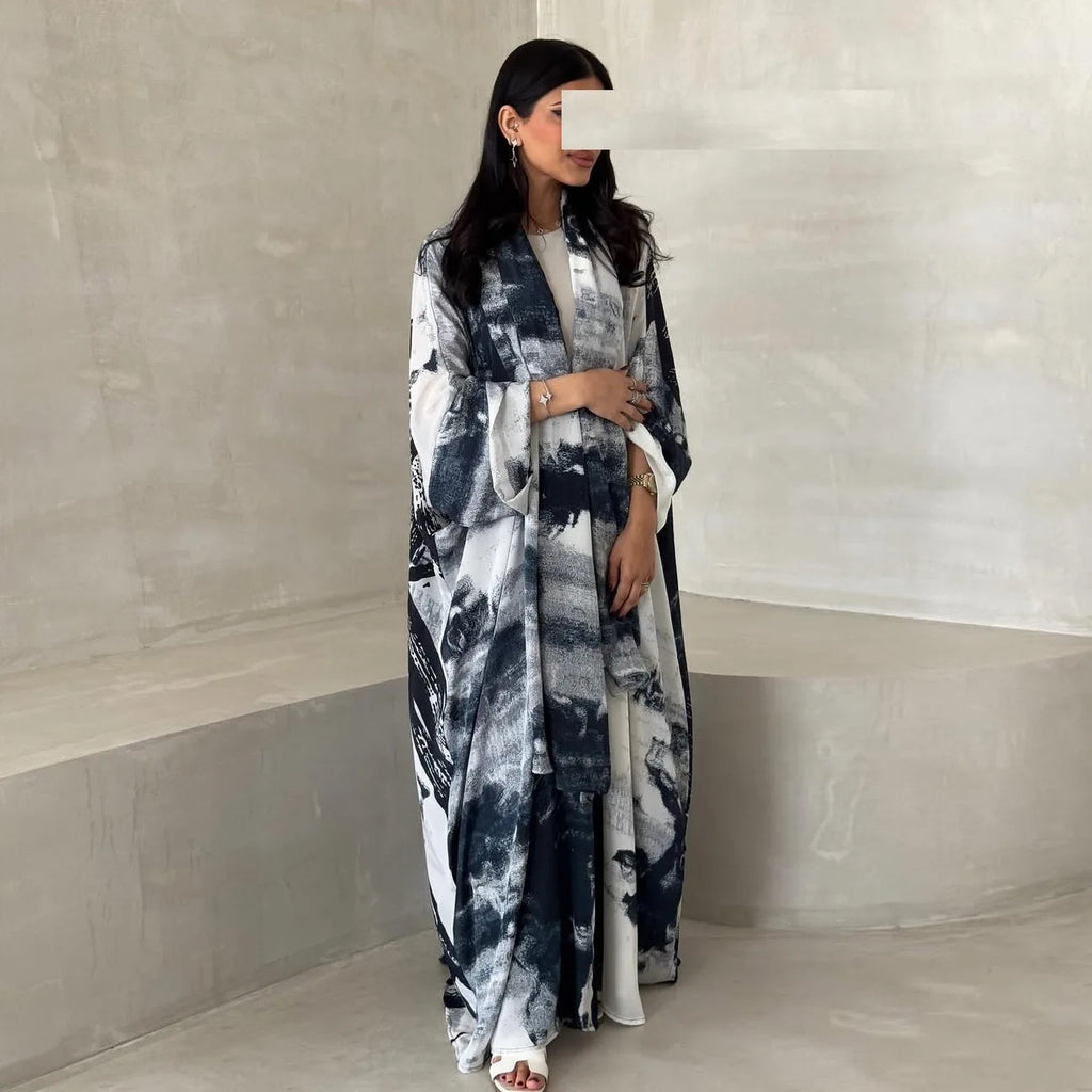 Traditional Muslim Clothing Printed Chiffon Open Abaya