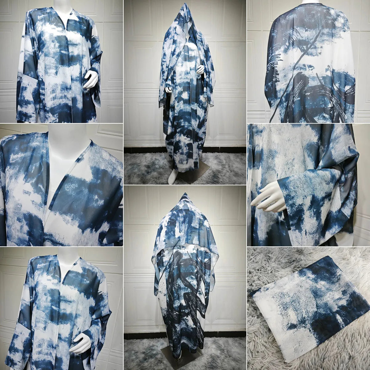 Traditional Muslim Clothing Printed Chiffon Open Abaya