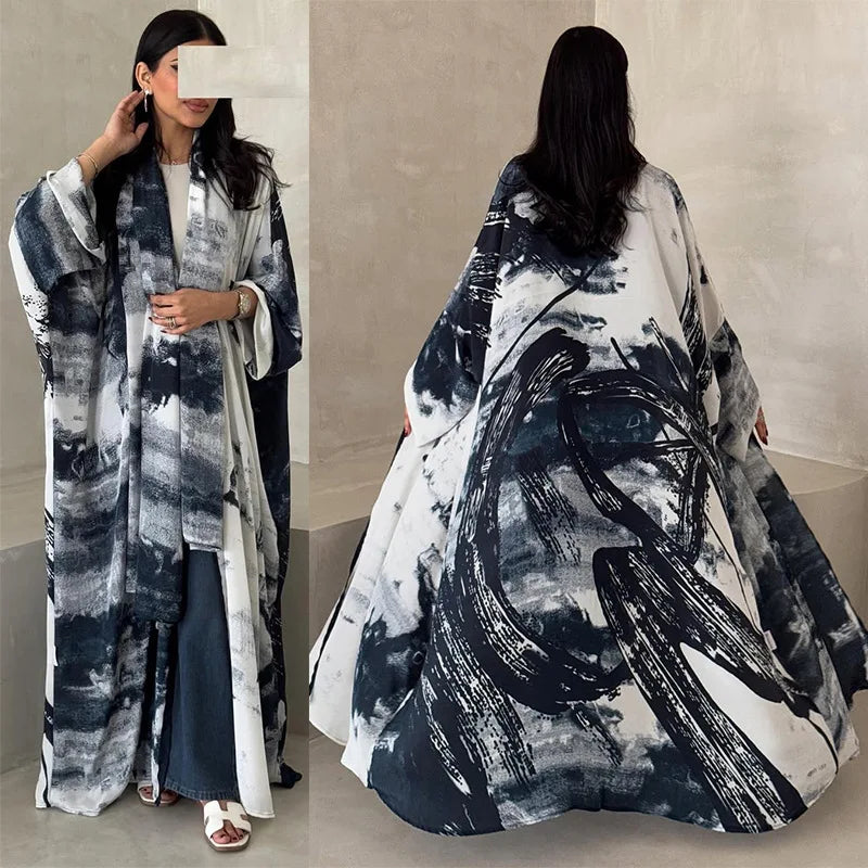 Traditional Muslim Clothing Printed Chiffon Open Abaya