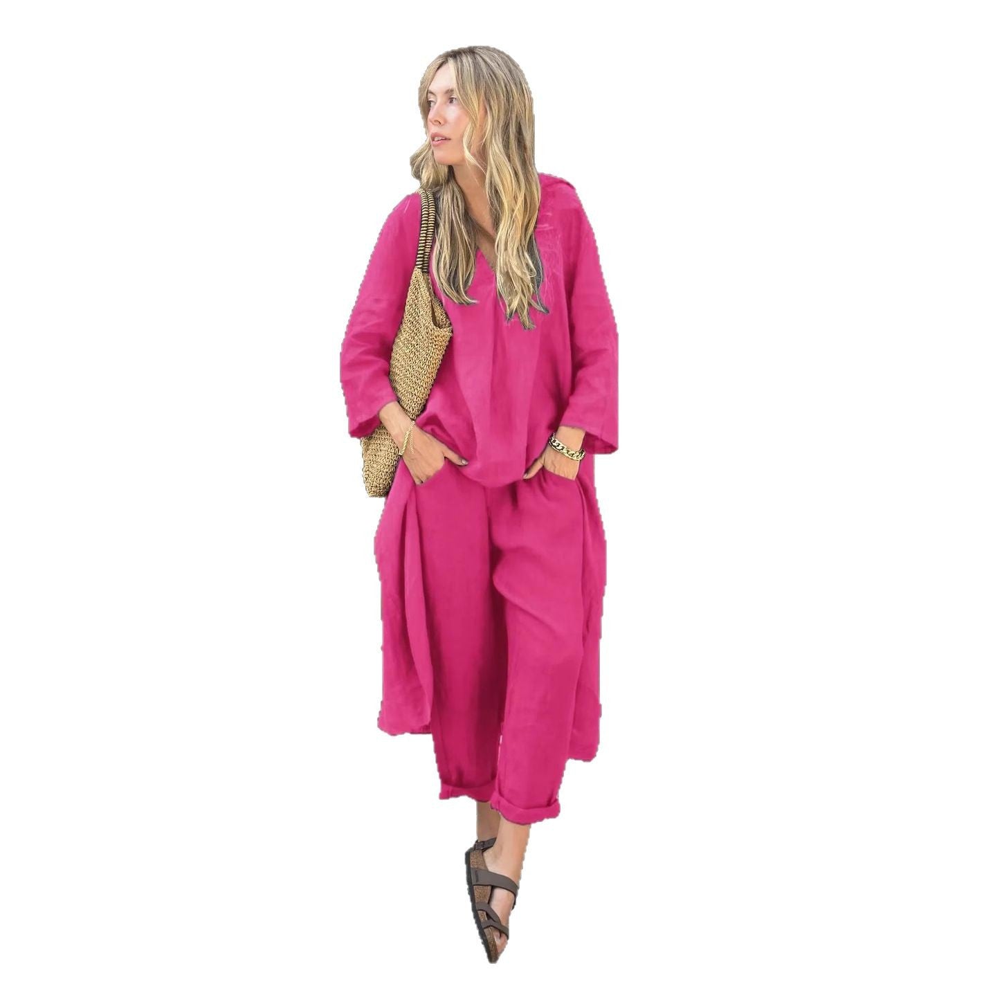 Women&#039;s 2-piece Set Plus Size Cotton And Linen Shirt Suit High Waist Loose Trousers