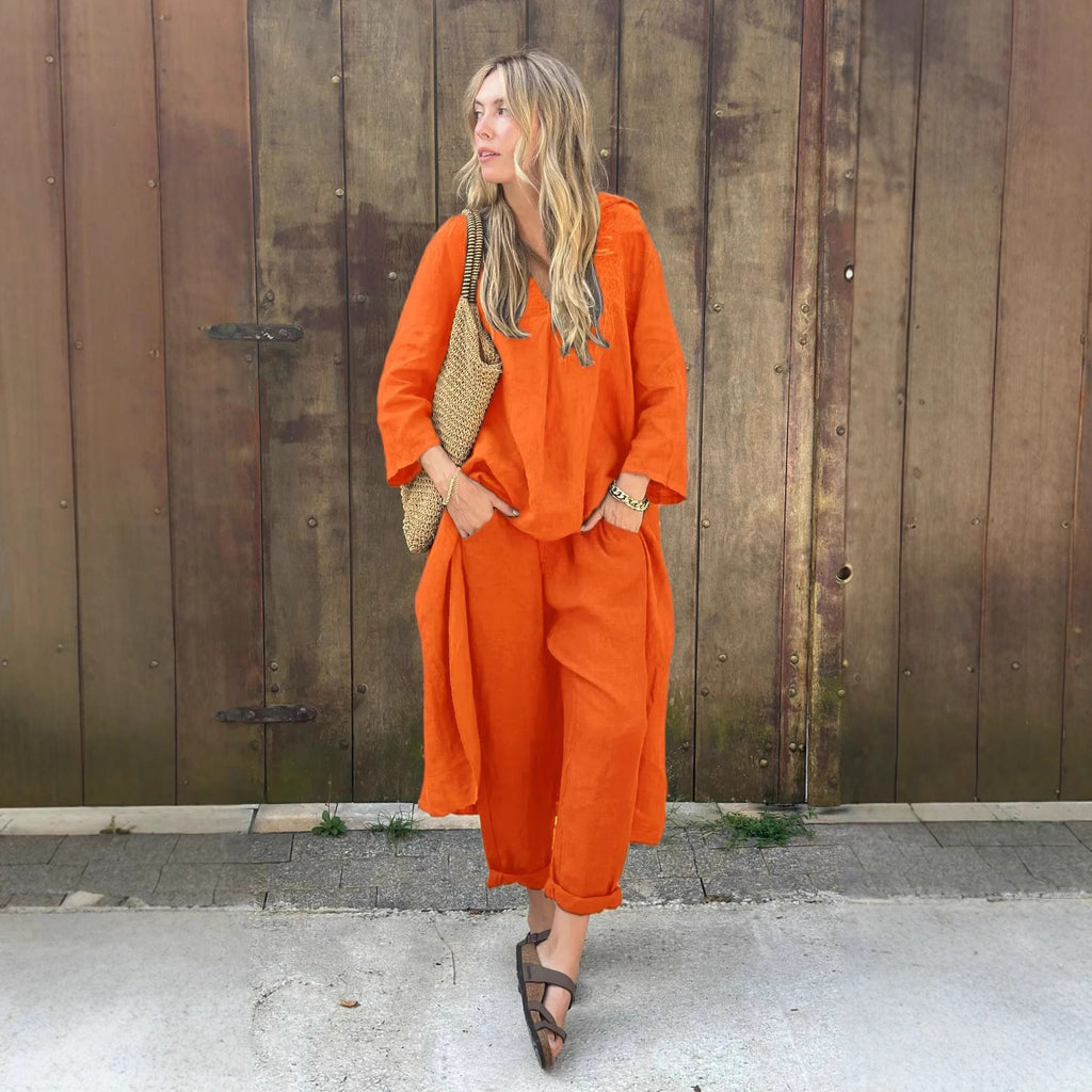 Women&#039;s 2-piece Set Plus Size Cotton And Linen Shirt Suit High Waist Loose Trousers