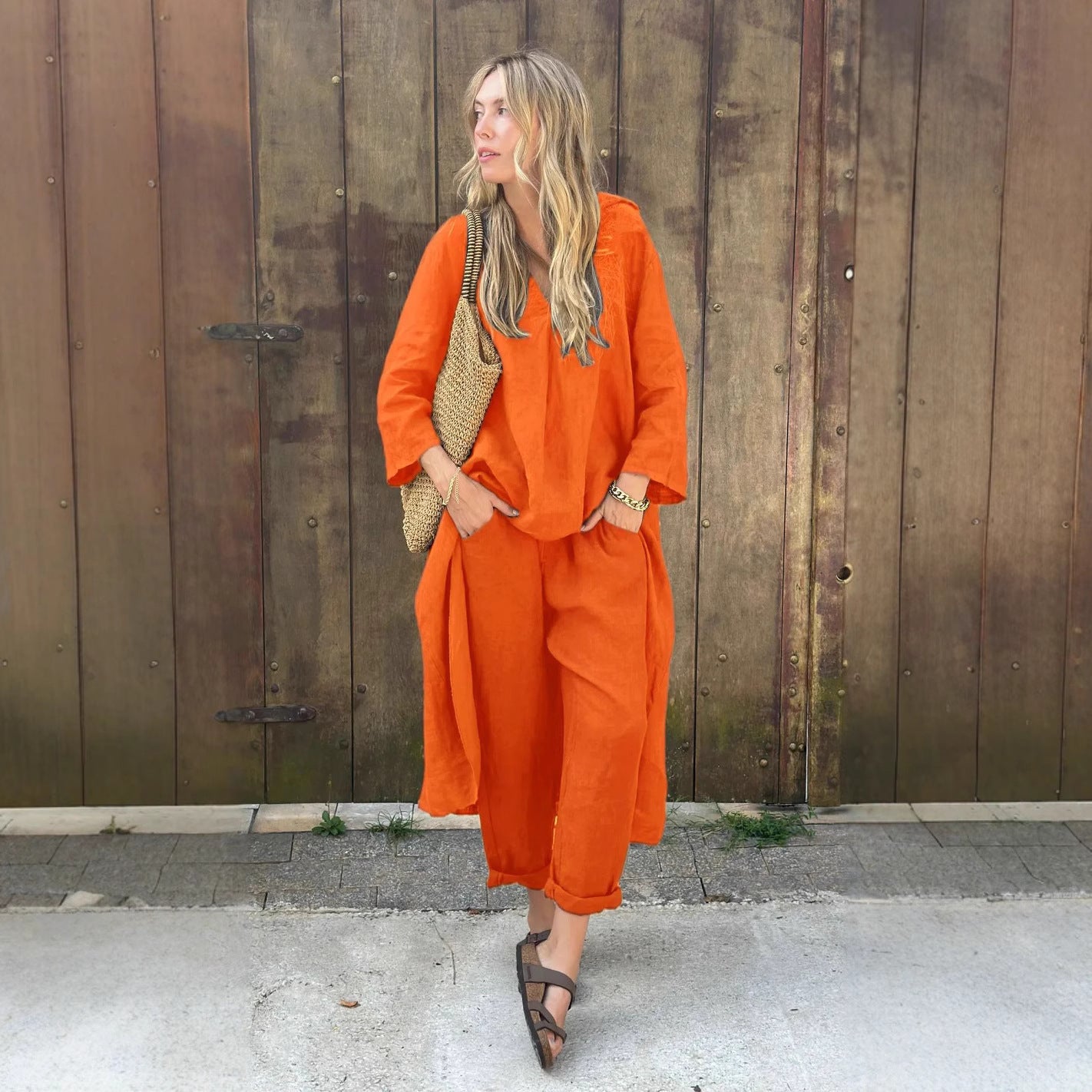 Women&#039;s 2-piece Set Plus Size Cotton And Linen Shirt Suit High Waist Loose Trousers