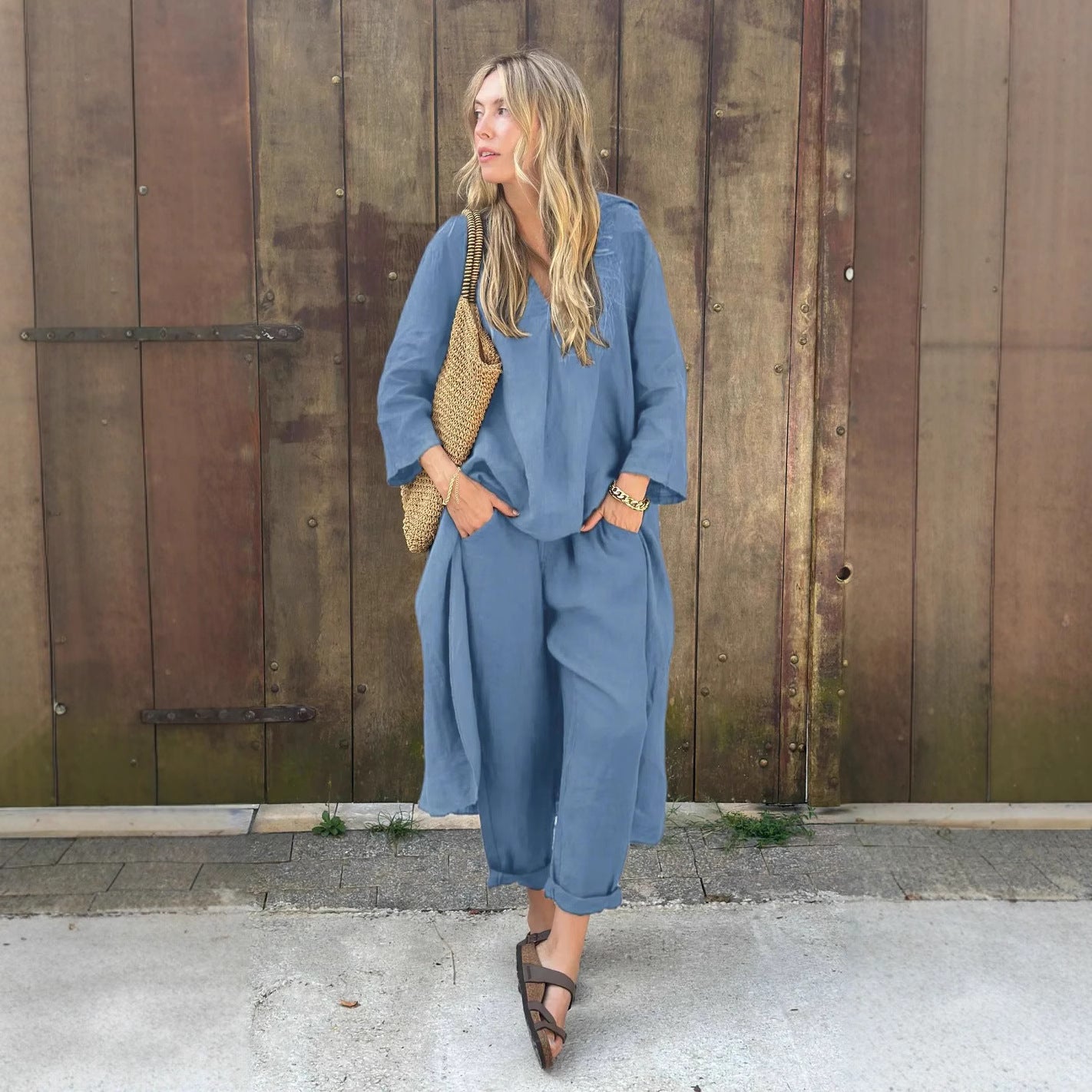 Women&#039;s 2-piece Set Plus Size Cotton And Linen Shirt Suit High Waist Loose Trousers