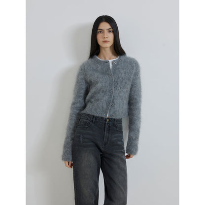 High-Proportion Mohair Knit Cardigan Women's Loose Short Round Neck Sweater