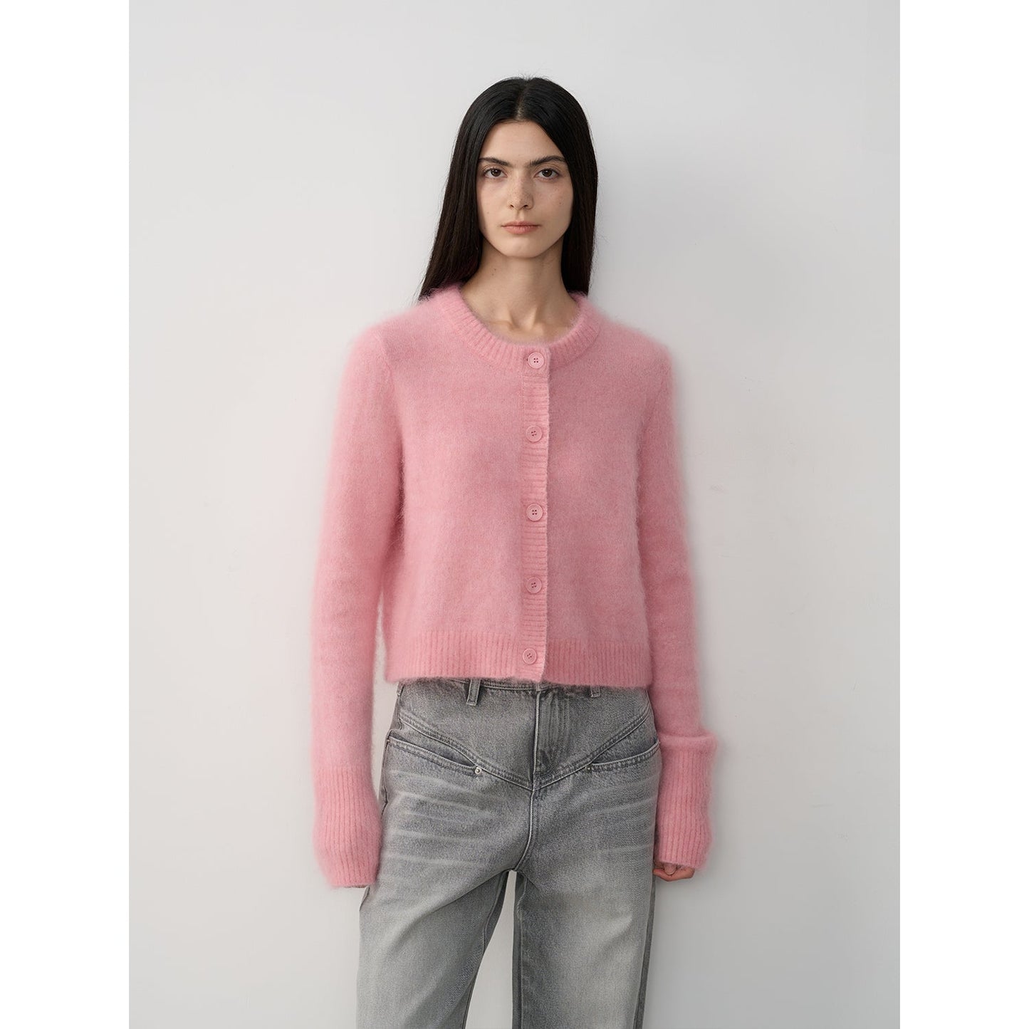 High-Proportion Mohair Knit Cardigan Women's Loose Short Round Neck Sweater