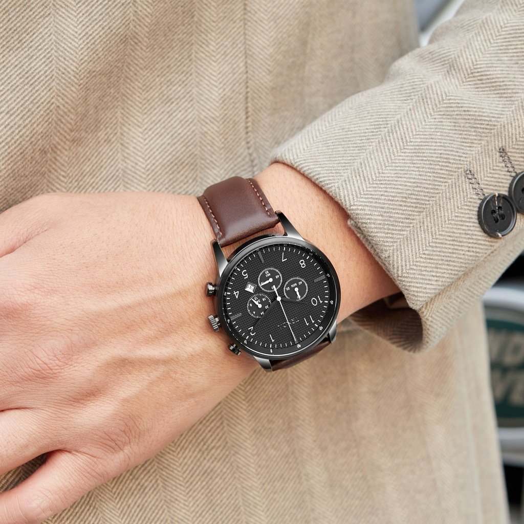 TRNDA Men's Stainless Steel Black Watch, Brown Leather Band | TRN-43MM-BL-1