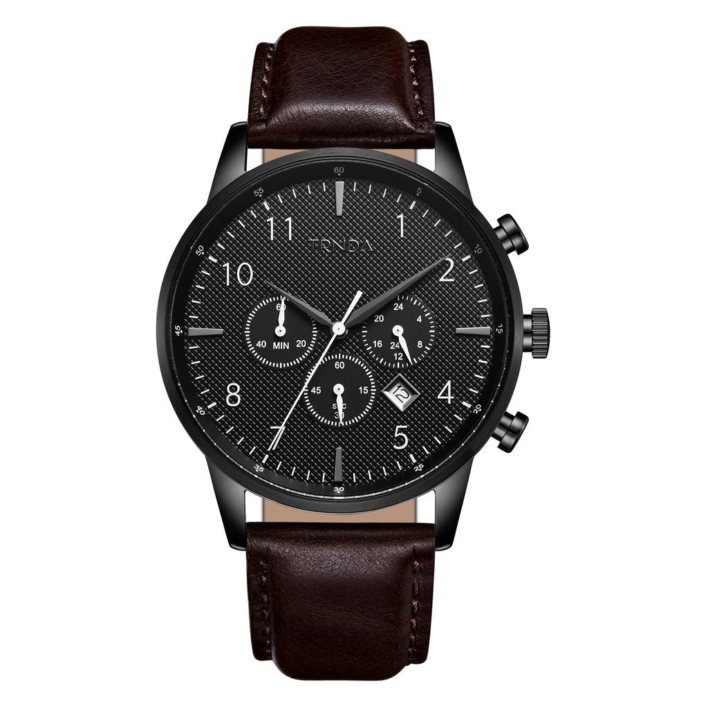 TRNDA Men's Stainless Steel Black Watch, Brown Leather Band | TRN-43MM-BL-0
