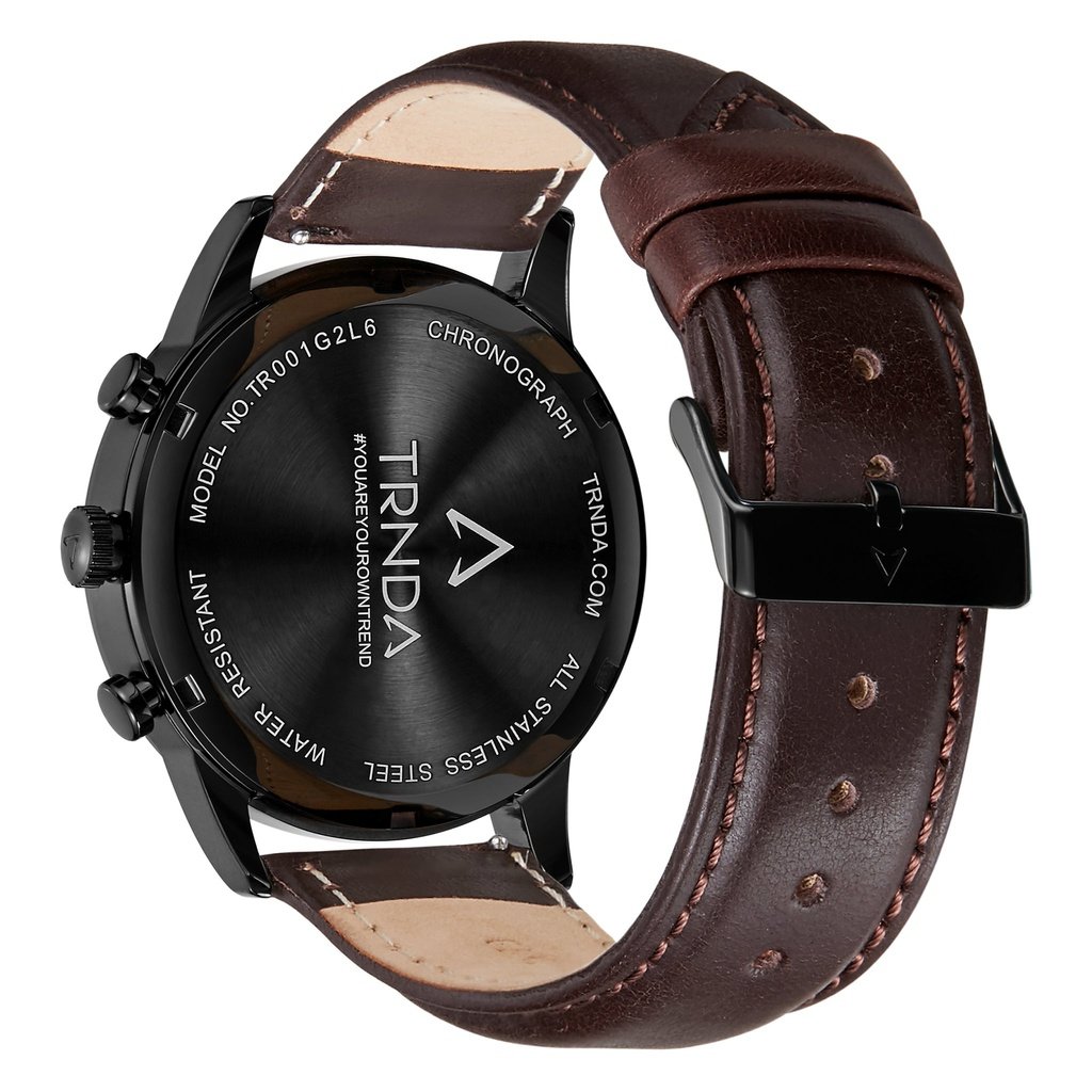 TRNDA Men's Stainless Steel Black Watch, Brown Leather Band | TRN-43MM-BL-3