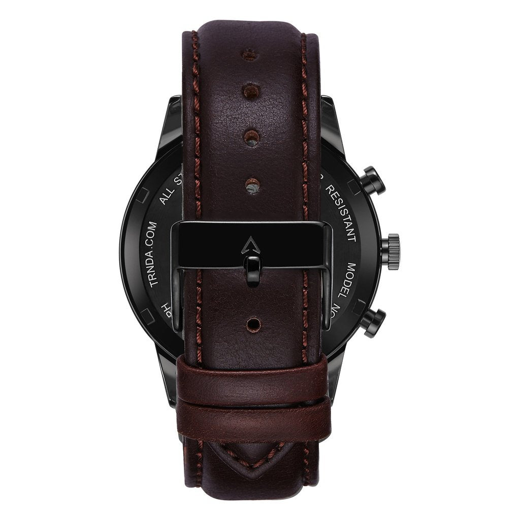 TRNDA Men's Stainless Steel Black Watch, Brown Leather Band | TRN-43MM-BL-4