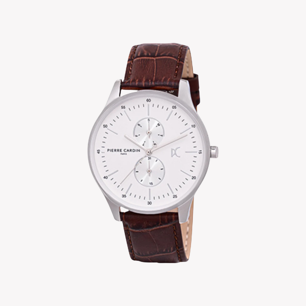 Pierre Cardin Men's Brown Leather Watch, Silver Case | CBA.4030-0